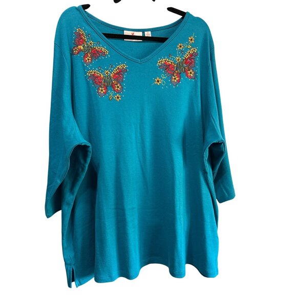 Quacker Factory Womens 3X Teal Embroidered Butterfly Top Sequins Rhinestones - Picture 1 of 8